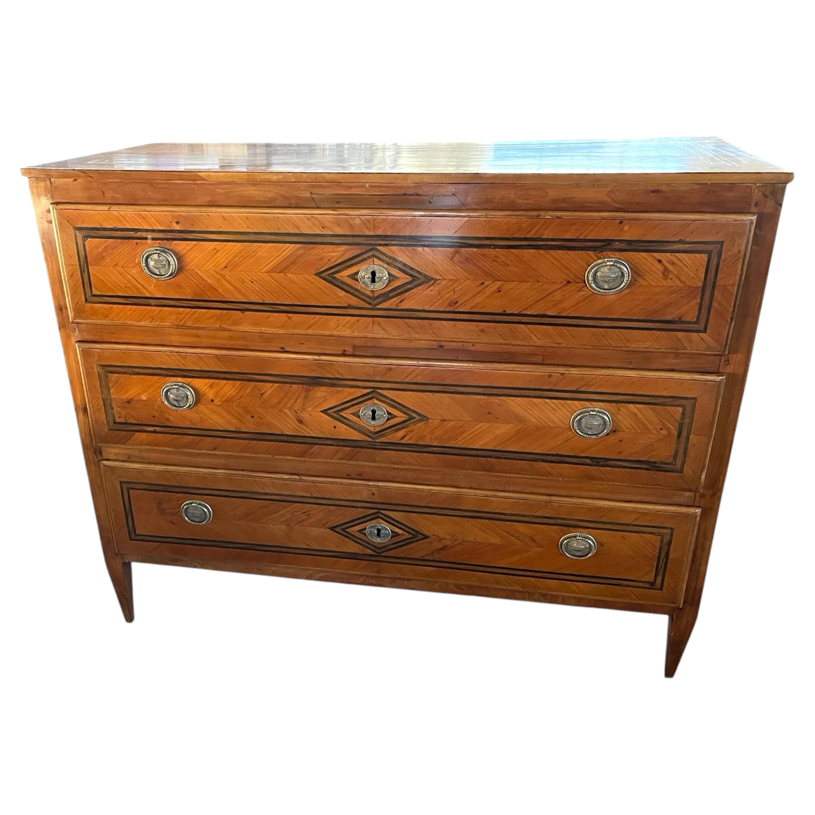 18th Century Italian Cherry Neoclassical Commode With Inlay and Veneer For Sale