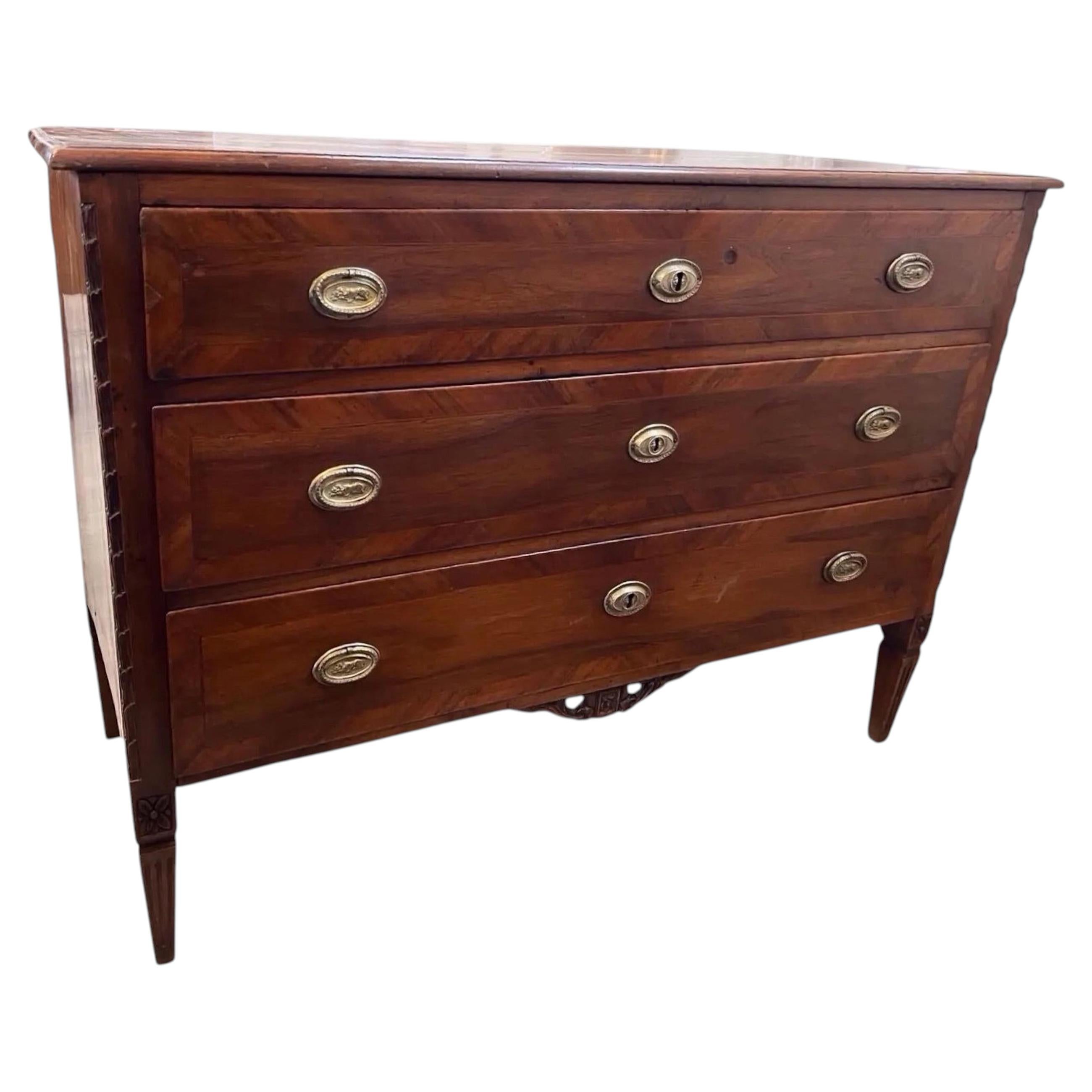 Italian Neoclassical Walnut Chest of Drawers, Hand-Carved, Mid 1700s For Sale