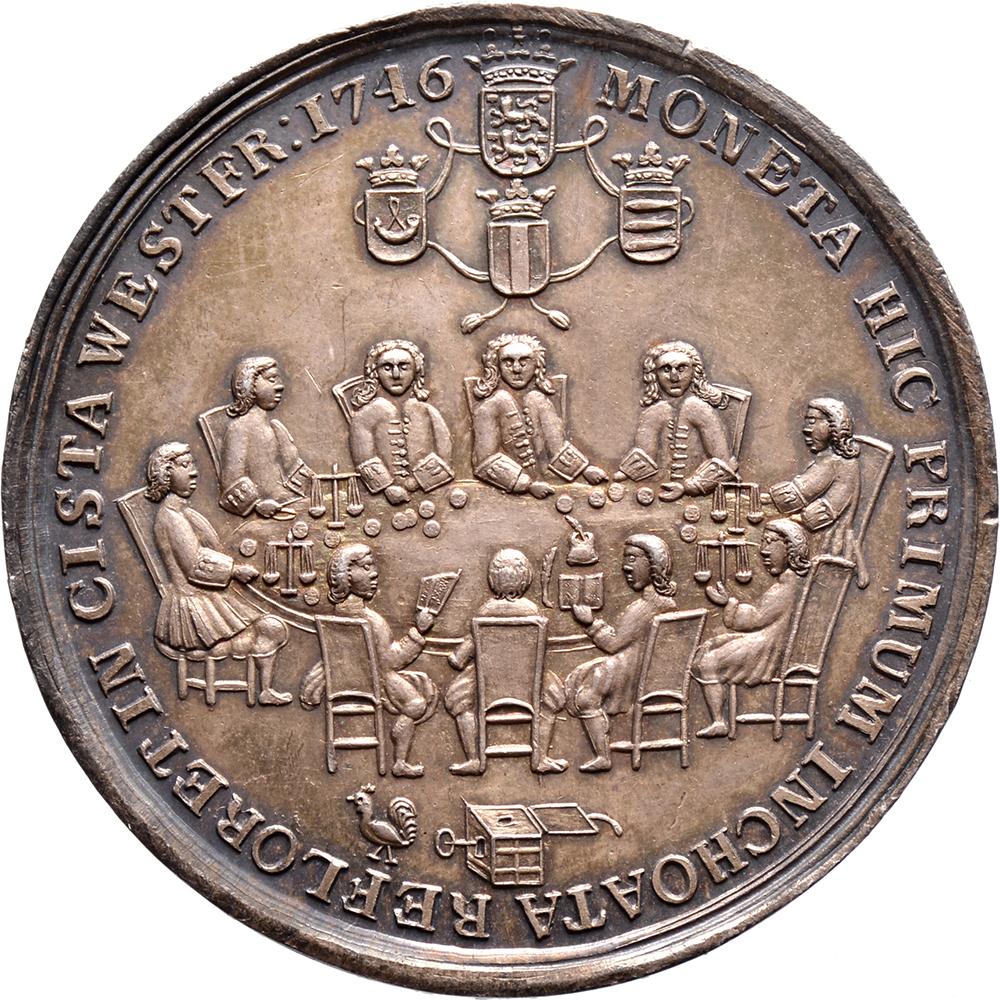 Obverse: BONI PASTORIS – EST TONDERE – PECUS NON DEGLUBERE, coin goddess Juno Moneta leaning against the coat of arms of the generality, in the background a screw press with two genii, below sheep shearing shears, a shepherd's skewer and a shorn