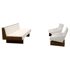 French Modernist Living Room Sofa Set In White Leather, 1950's