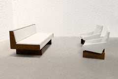 French Modernist Living Room Sofa Set In White Leather, 1950's