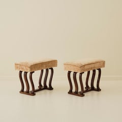 Italian Art Deco Stools With Wavy Dark Wood Legs, a Pair, 1940's