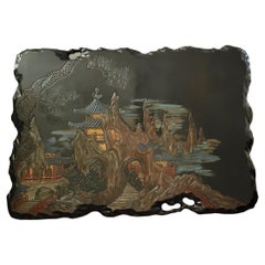 Vintage Japanese Tea Table, Solid Wood Life-Edge, Etched Design, 1940s - 1950s