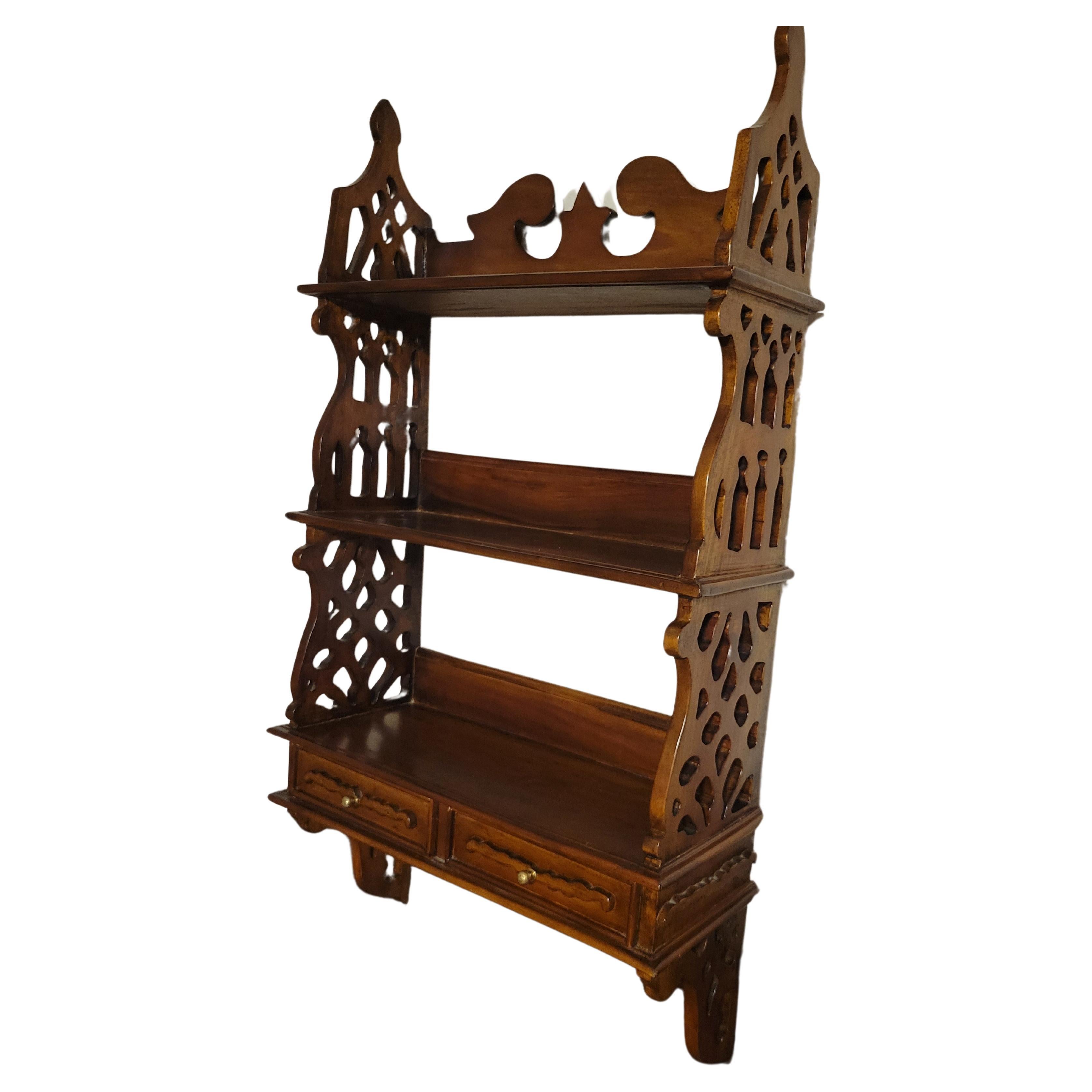 Antique French Provincial Hand-Carved Mahogany Kitchen Shelf with Two Drawers  For Sale