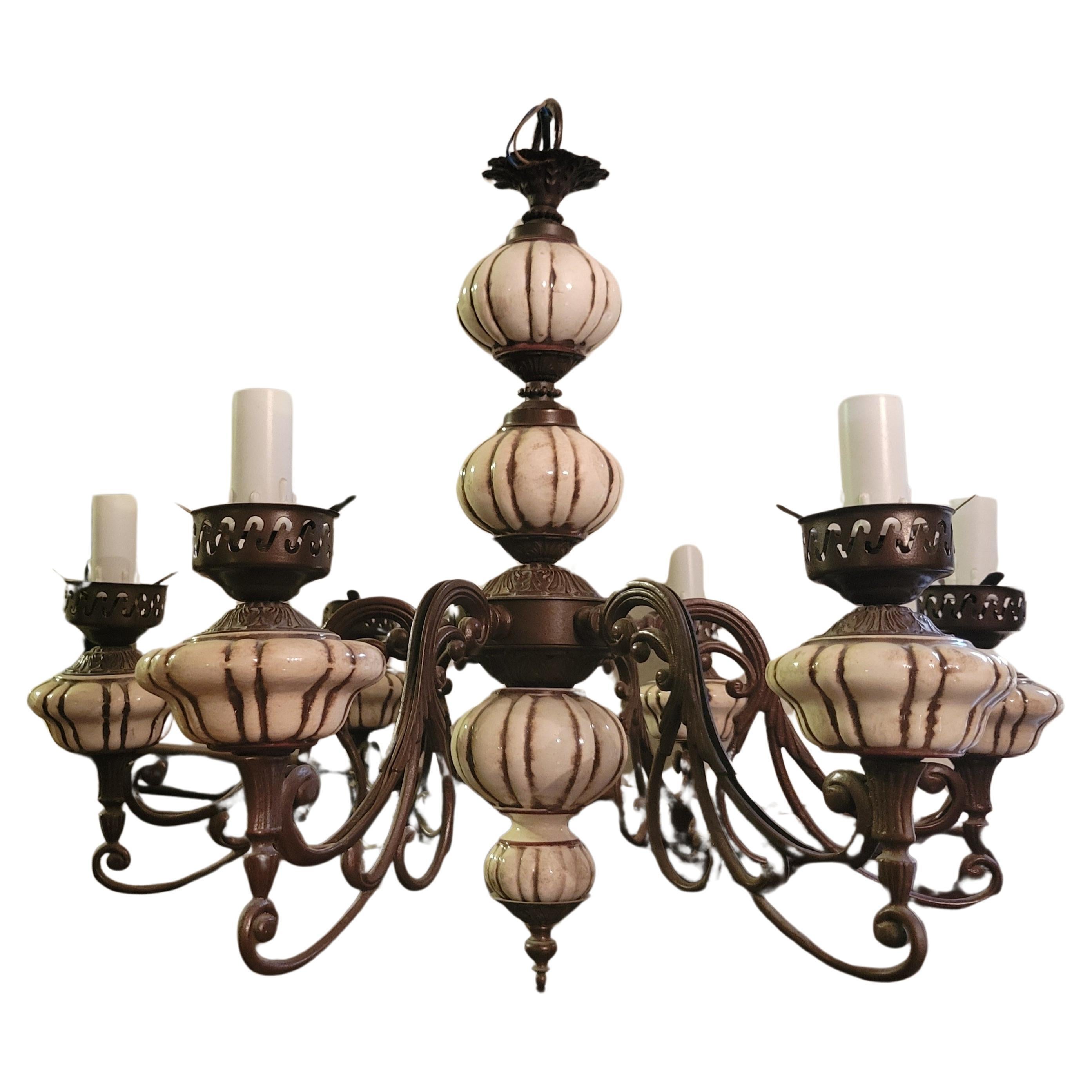 Vintage French Hand-painted Porcelain 6-Light Chandelier