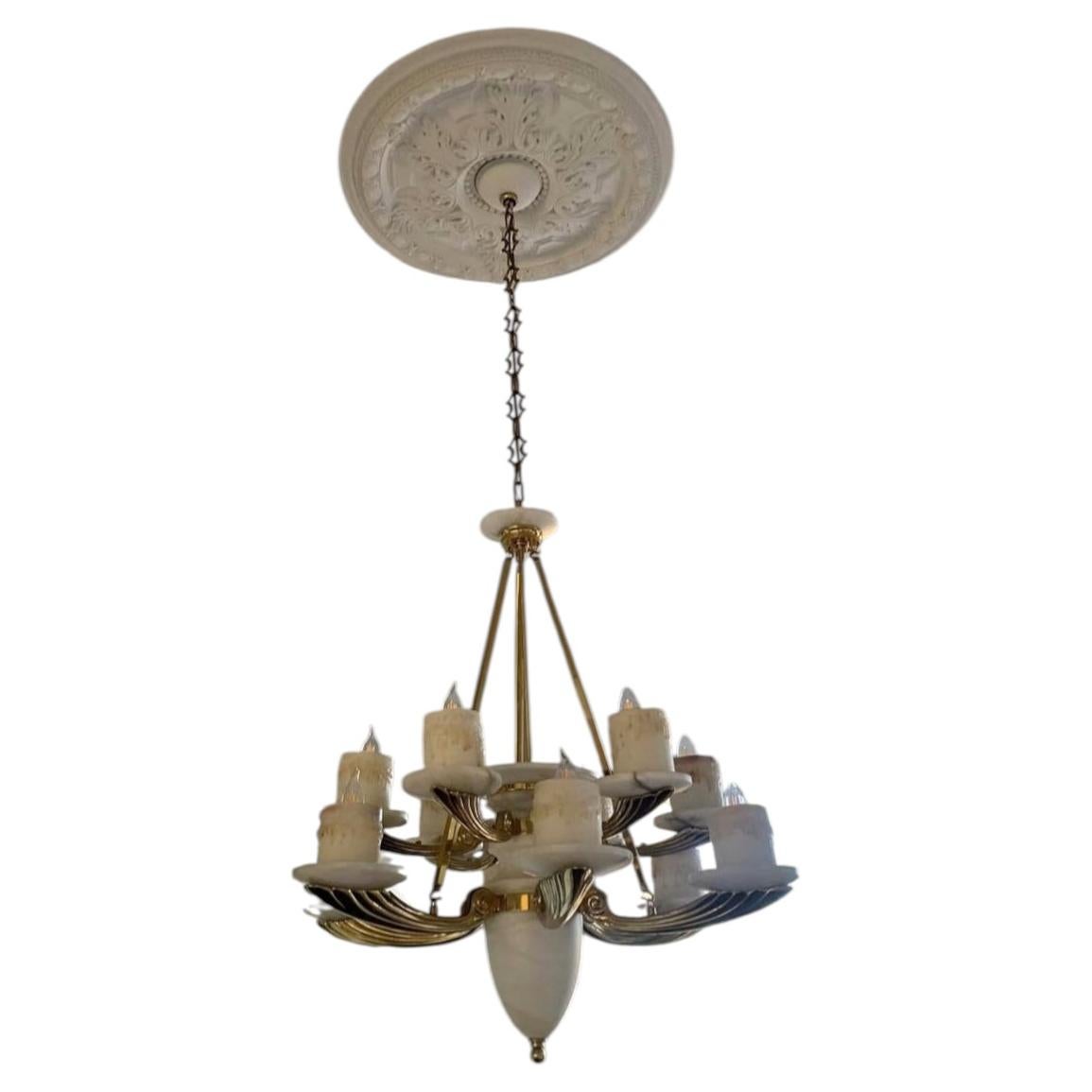 Vintage Art Deco Style Alabaster and Brass 12-Light Chandelier
