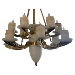 Art Nouveau, Neoclassical Alabaster and Brass 12-Light Chandelier and Sconces