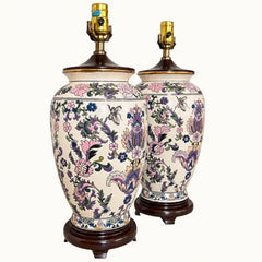 Pair of Ornate Floral Ceramic Urn Table Lamps With Carved Wood Bases