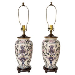 Pair of Ornate Floral Ceramic Urn Table Lamps With Carved Wood Bases