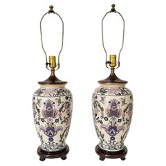 Pair of Ornate Floral Ceramic Urn Table Lamps With Carved Wood Bases