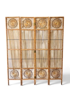 Vintage Woven Rattan Sunburst Four-Panel Room Divider Screen