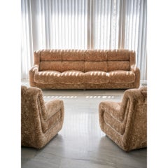 1970s crushed velvet sofa and pair of armchairs