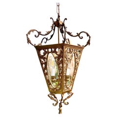 Antique Early 20th C. Gilt Brass & Glass Pentagonal Hall Lantern