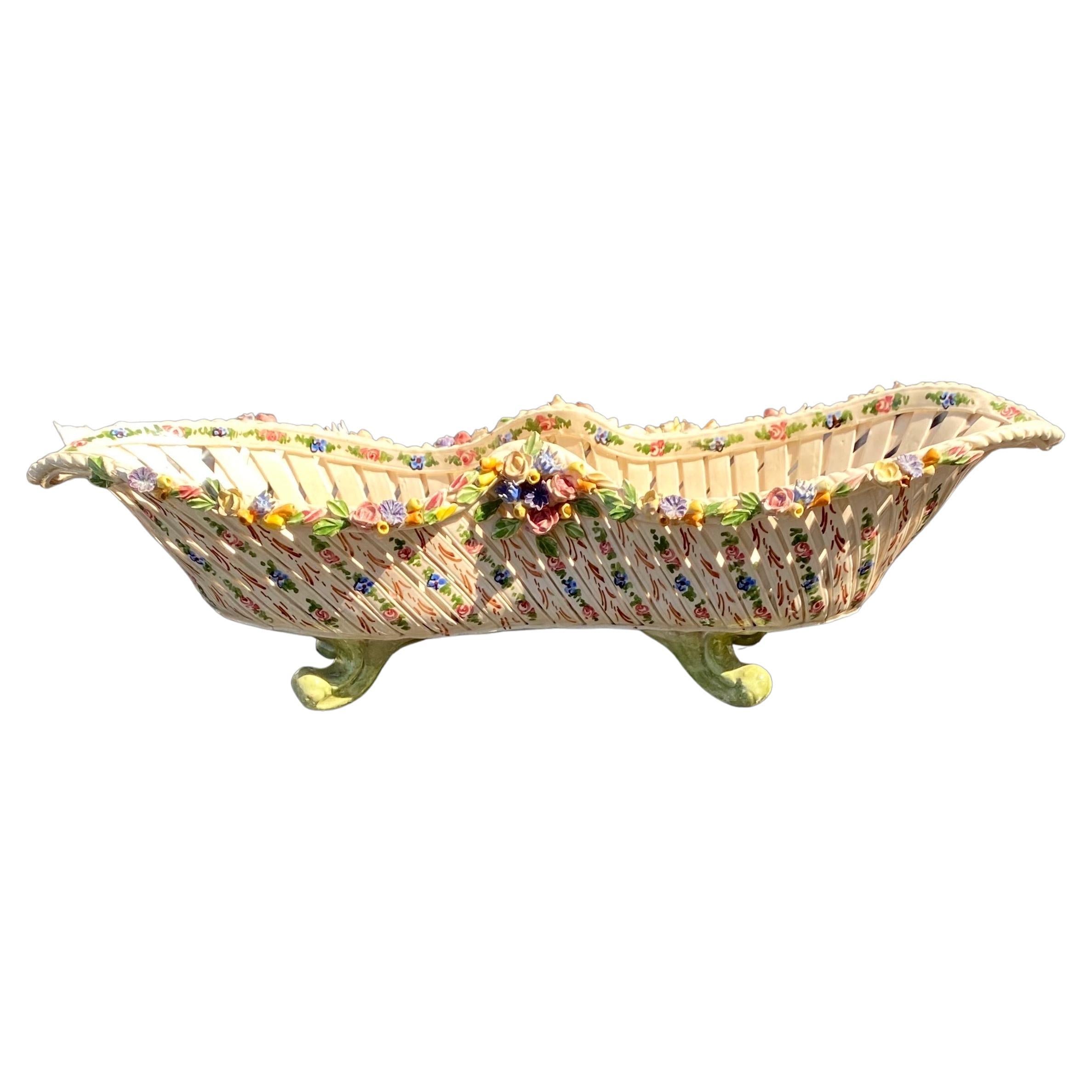 Antique Handmade Faience Italian Bread Basket For Sale