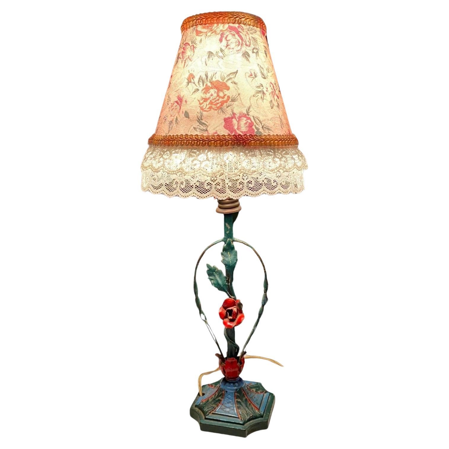 1940’s Rose Tole Lamp with Lace Trimmed Floral Shade