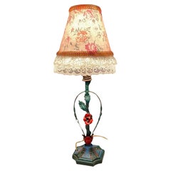 Vintage 1940’s Rose Tole Lamp with Lace Trimmed Floral Shade
