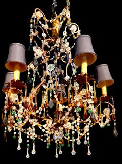Antique Italian Iron and Colored Crystal Chandelier With Crystal Beading