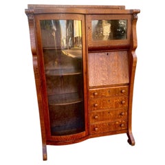 Antique American Tiger Oak Side By Side Secretary Bookcase