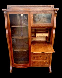 Antique American Tiger Oak Side By Side Secretary Bookcase