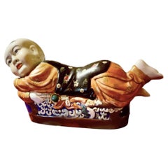 Vintage Chinese Porcelain Figural Pillow, Hand-Painted Boy, 1978