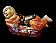 Vintage Chinese Porcelain Figural Pillow, Hand-Painted Boy, 1978