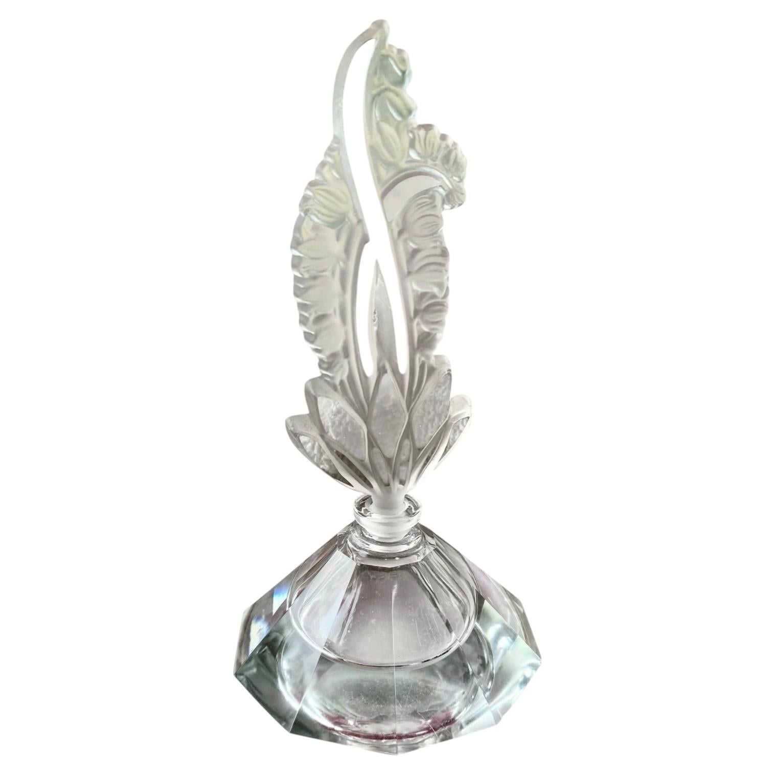 Czechoslovakian Art Deco Paneled Crystal Perfume Bottle Frosted Crystal Stoppe For Sale