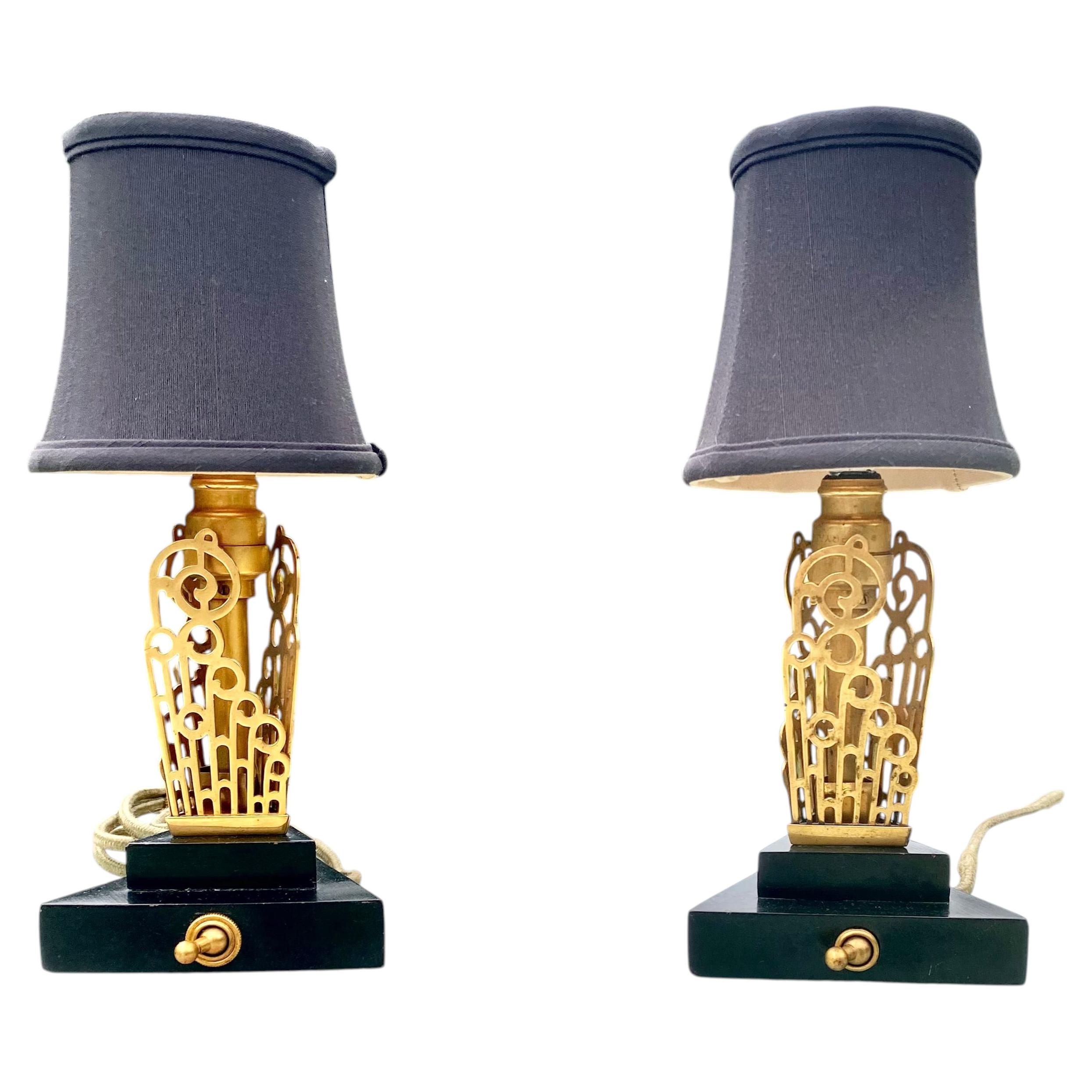 American Art Deco Brass Wood Boudoir Lamps Silk Shades For Sale