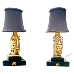 American Art Deco Brass Wood Boudoir Lamps Silk Shades