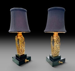 American Art Deco Brass Wood Boudoir Lamps Silk Shades