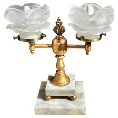 Art Nouveau Style Double Arm Table Lamp With Frosted Floral Art Glass Shades