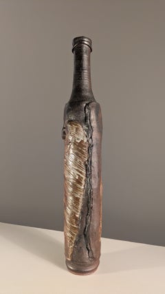 Französische Steingutflasche von Alain Gaudebert, schwarze und braune Glasur, um 1990