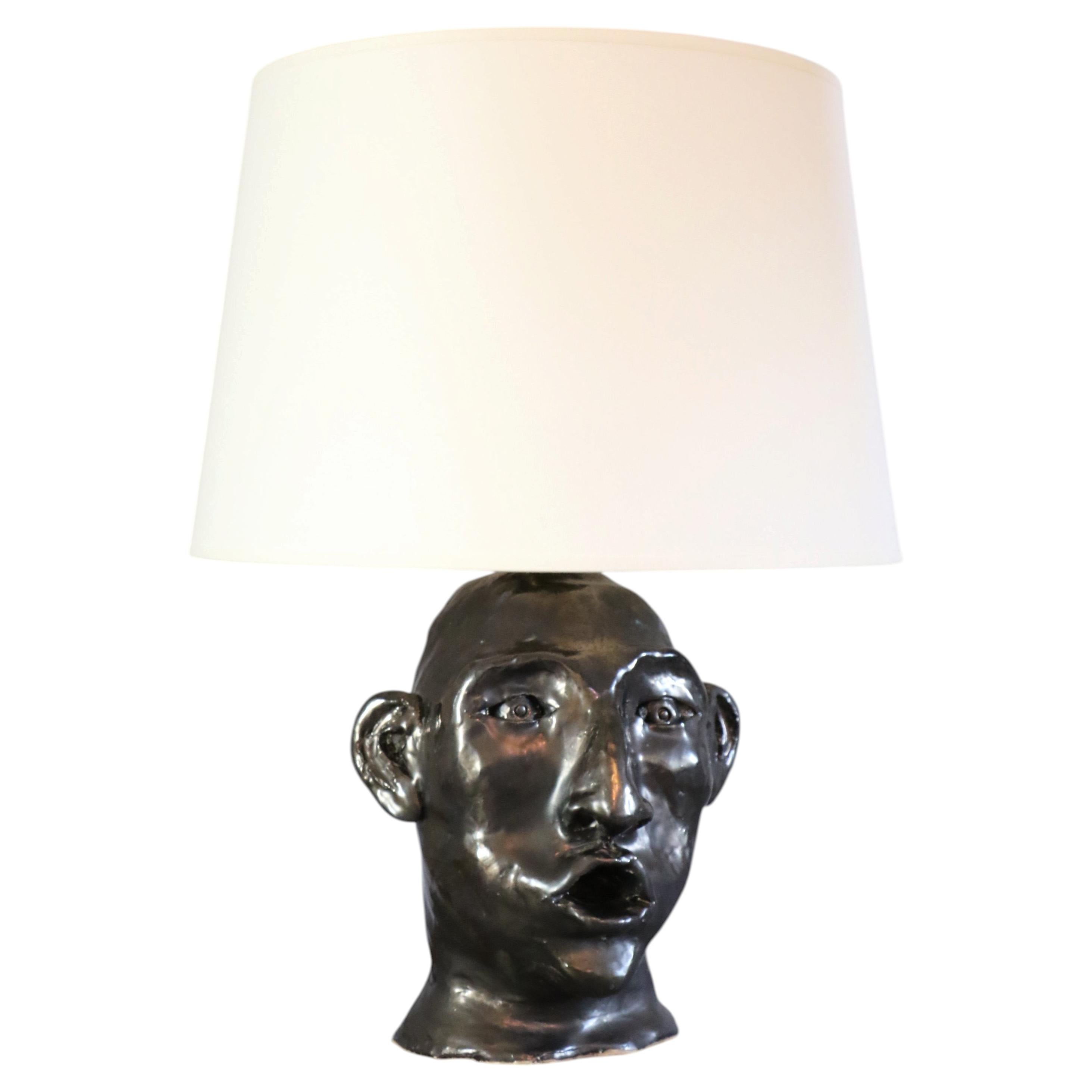 Mid-Century Modern French Ceramic Table Lamp with Face Decoration, 1950s