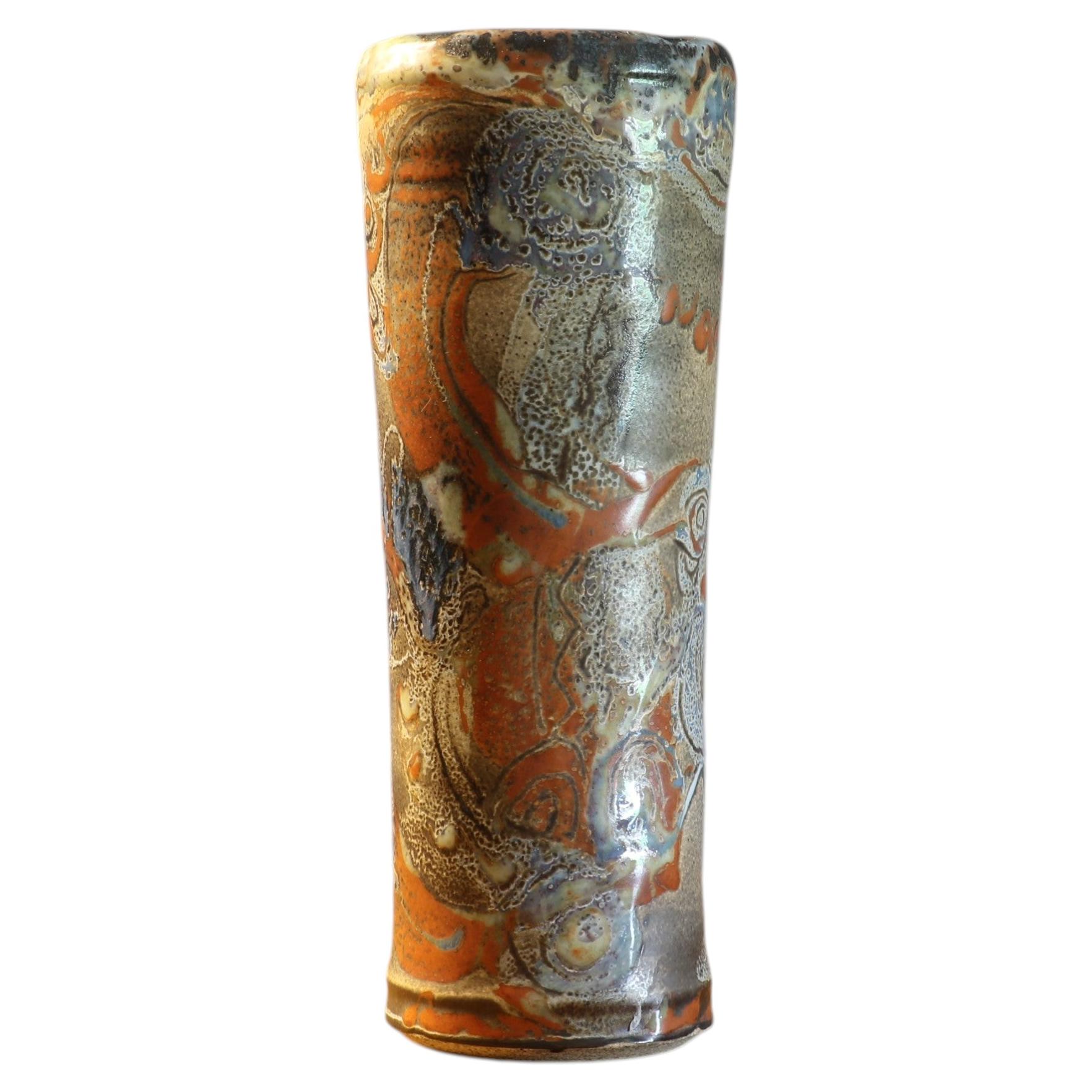 Französische Vase aus Steinzeug mit zylindrischer Form und Lava-Glasur von La Borne Studio Pottery, um 1970