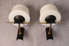 Pair of Mid-Century French Wall Sconces by Arlus with Opaline Glass Shades 1950s