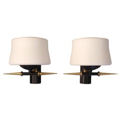 Pair of Mid-Century French Wall Sconces by Arlus with Opaline Glass Shades 1950s