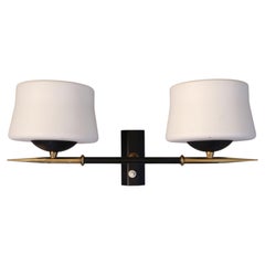 Mid-Century French Double Wall Sconce by Arlus with Opaline Glass Shades, Circa