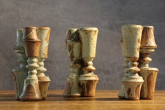Set of Three Stoneware Double Candlesticks by Bernard Rooke, England, 1970s