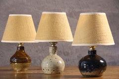 Three French Stoneware Table Lamps by Baudat and Baranger, Jute Shades, 1970s
