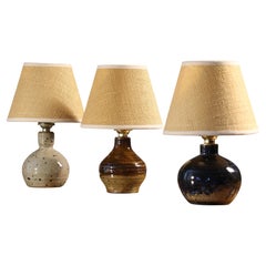 Three French Stoneware Table Lamps by Baudat and Baranger, Jute Shades, 1970s