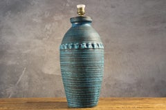 Large Ribbed Turquoise Ceramic Table Lamp by Accolay, France, Circa 1960