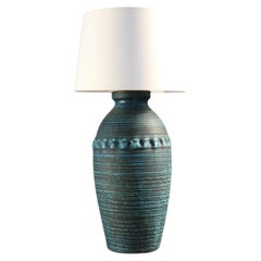 Large Ribbed Turquoise Ceramic Table Lamp by Accolay, France, Circa 1960