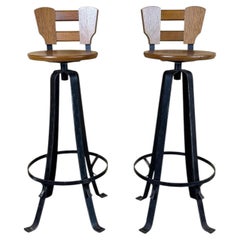 2x 1950s 1960s Bar Stools in Iron and Wood Brutalist Mid Century