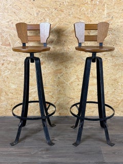 2x 1950s 1960s Bar Stools in Iron and Wood Brutalist Mid Century