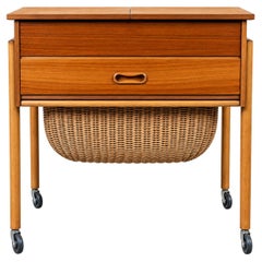 1960s 1970s Teak Sewing Box Sewing Table Utensil Holder with Basket