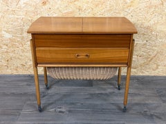 1960s 1970s Teak Sewing Box Sewing Table Utensil Holder with Basket