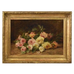Antica Natura Morta, Fiori Di Rosa, Dipinto Antico, Olio Su Tela, Ottocento.