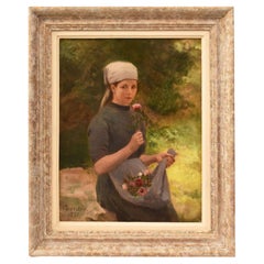 Tableau français ancien, portrait d'une jeune femme, huile sur toile, fin du XIXe siècle
