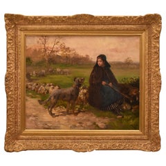 Antique Painting, Landscape Depicting a Shepherdess and a Dog, Oil on Canvas, 19th Century