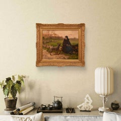 Antique Painting, Landscape Depicting a Shepherdess and a Dog, Oil on Canvas, 19th Century
