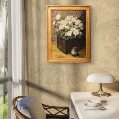 Floral Still Life, White Roses, Oil on Canvas, Art Nouveau, 20th Century